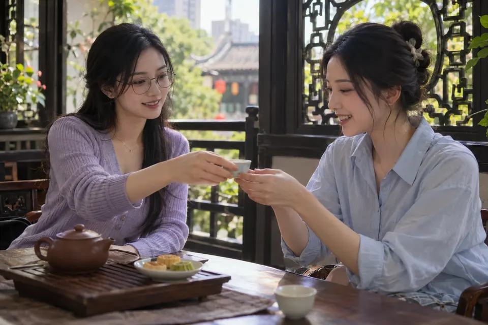 花窗旁茶点与茶杯的茶友交流场景