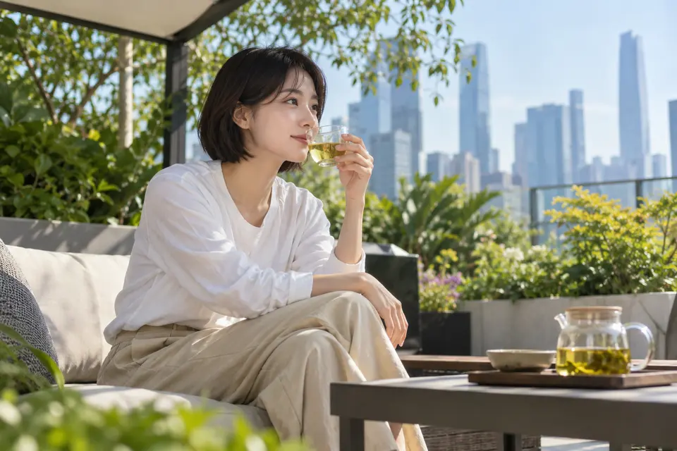 城市花园中玻璃杯冷泡茶的户外场景