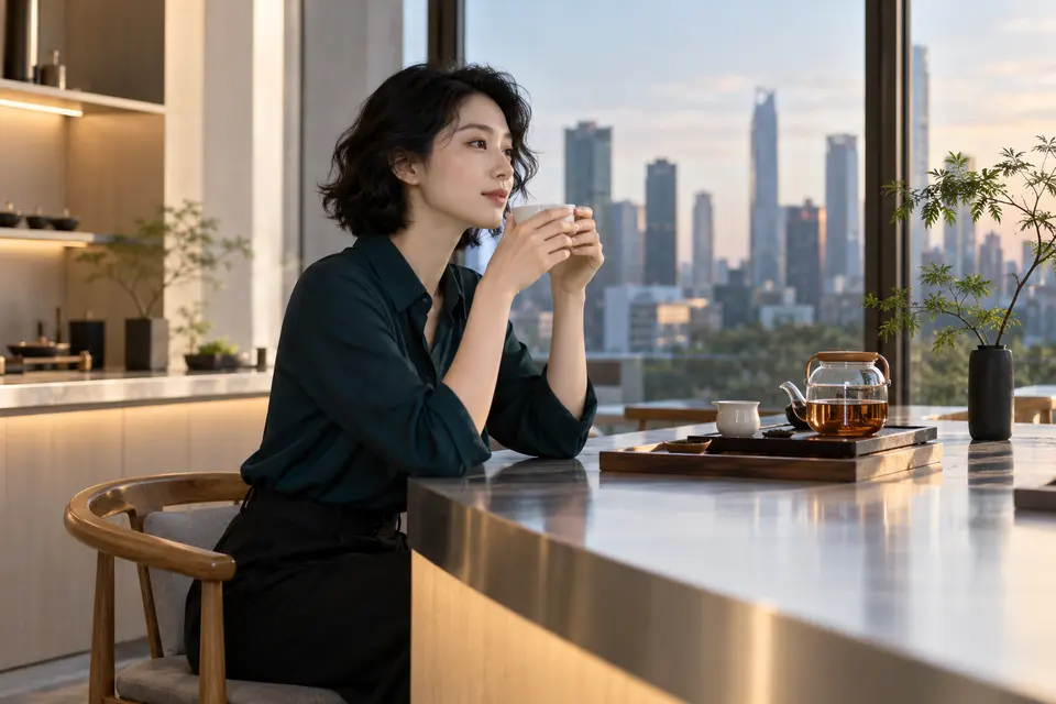 现代设计茶吧内白瓷茶具与品茶场景