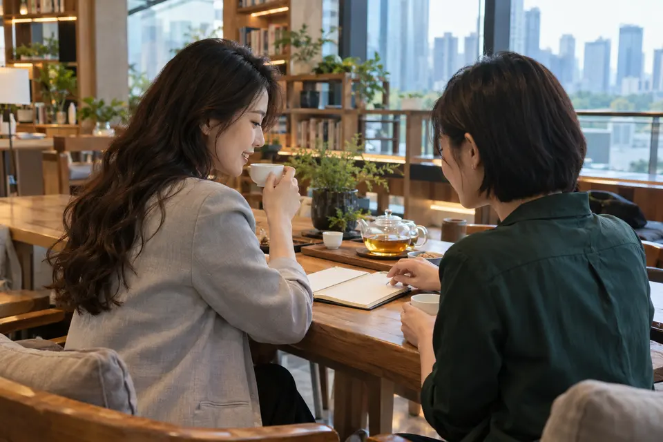 共享书房内年轻女性持杯品茶的交流场景